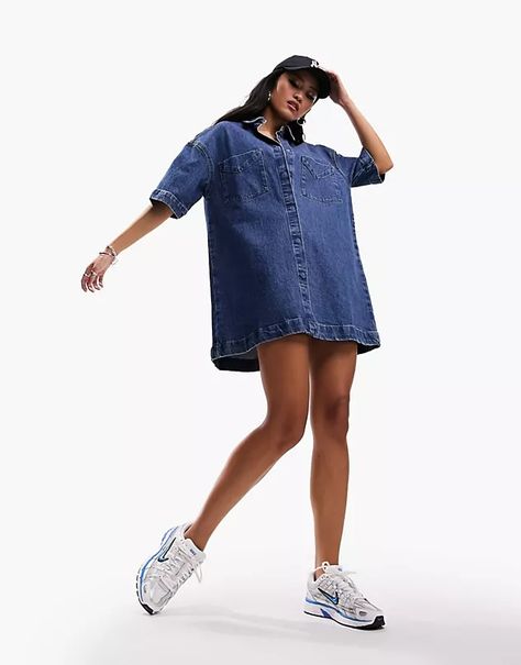 Denim & Jean Dresses | Denim Dresses for Women | ASOS Oversized Denim Shirt Dress Outfit, Denim Shirt Dress Outfit, Blouse Dress Oversized, Fitted Denim Dress, Pinny Dress, Button Down Denim Dress, Fall Shopping List, Short Sleeve Denim Shirt, Oversized Denim Shirt