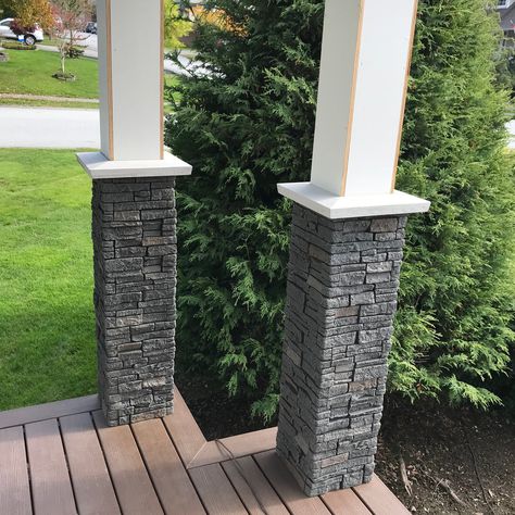 Faux Stone Stacked Stone Pillar Panels Concrete Panels Interior, Faux Stacked Stone, Porch Pillars, Column Ideas, Faux Stone Panels, Dark Panels, Porch Columns, Porch Posts, Brick Paneling