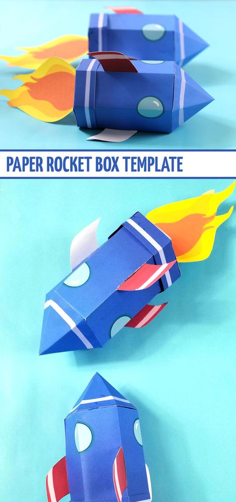 Download this fee printable rocket template - a fun papercraft for kids and moms! This spaceship paper toy is a great outer space birthday party idea for four year olds Printable Rocket Ship Template, Rocket Ship Valentines Boxes, Rocket Valentine Box Ideas, Rocket Template Free Printable, Rocket Paper Craft, Paper Spaceship, Rocket Papercraft, Diy Spaceship, Origami Rocket