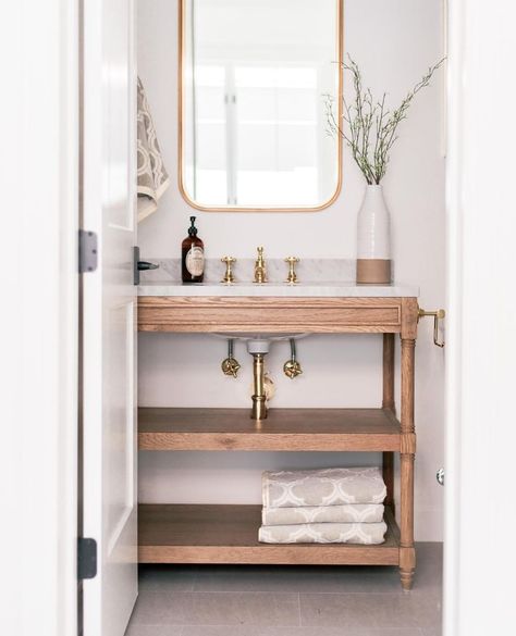 Really liking this shot @loveandspecs snapped of the office bath vanity at our #rafterhouse4117 custom build. That's a strong under sink… Open Bathroom Vanity, Modern Cottage Style, Open Bathroom, Diy Bathroom Vanity, Cottage Bathroom, Modern Cottage, Wood Bathroom, Style Blogger, Bath Vanity