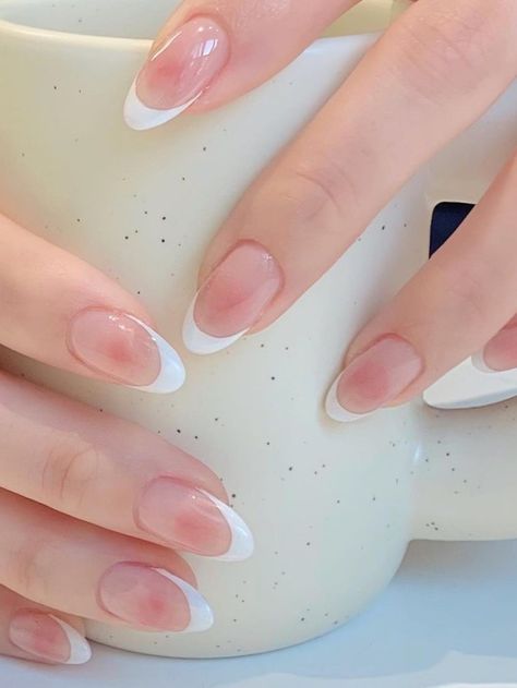 white French tips and blush nails White Nail Simple Design, White And Clear Nails Design, Korean Nail Inspo Almond, Nail Korean Style Simple, Gel Nail Designs French Tip Ideas, Korean French Nails, Desain Nail Art Simple, Minimalist Nail Art Korean, Manicure Ideas White