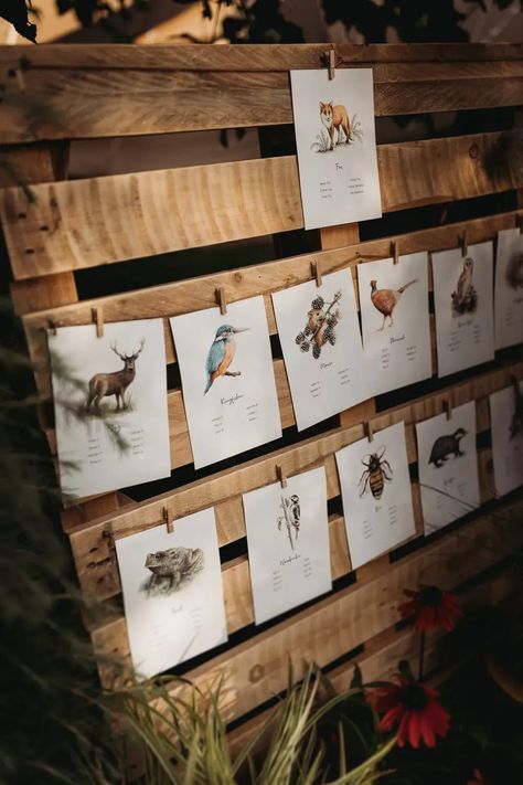 Birds Animal Table Plan Seating Chart Wooden Pallet Eco Garden Wedding ThymeLane Photography #wedding #tableplan Woodland Seating Chart, Farm Table Seating Chart, Animal Seating Chart Wedding, Farm Wedding Seating Chart, Country Seating Chart Wedding, Rustic Table Plan, Animal Wedding Theme, Pallet Seating Chart Wedding, Animal Seating Chart