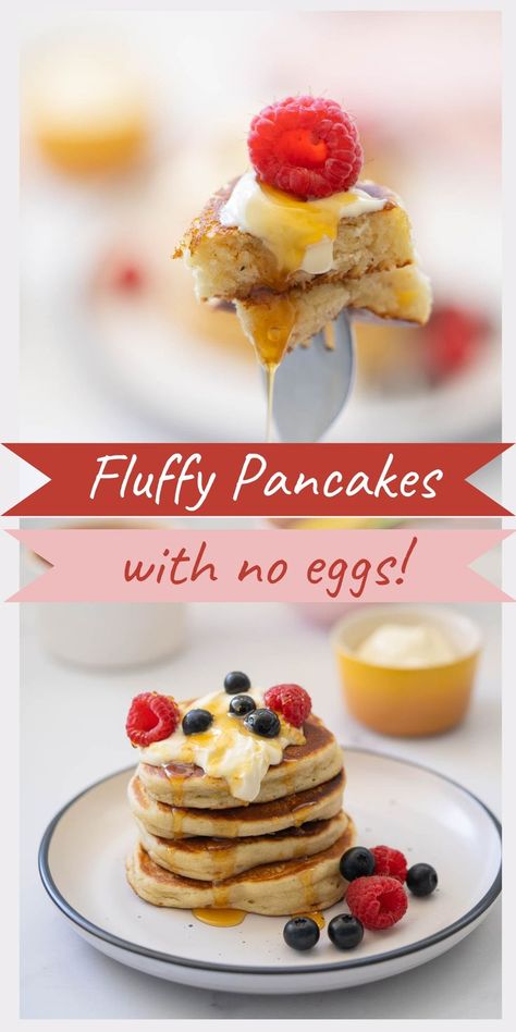 Easy fluffy pancakes made with no eggs, they are so good that you might go on to only make pancakes without eggs from now on! Pancakes With No Eggs, Egg Free Pancake Recipe, Wheat Free Pancakes, Pancakes Without Eggs, Eggless Pancakes, Egg Free Pancakes, Vanilla Pancakes, Morning Treats, Light And Fluffy Pancakes