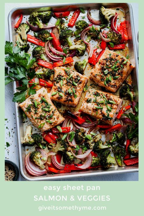 Roasted Green Vegetables, Sheet Pan Salmon And Veggies, Salmon With Broccoli, Easy One Pan Dinner, Salmon And Veggies, Oven Baked Salmon Recipes, Salmon Broccoli, Balsamic Pork Tenderloins, Sheet Pan Salmon