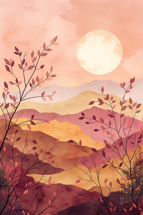 Visual masterpiece presented by ThetaCursed, License: CC BY-NC 4.0 Moon Hanging, Orange Moon, Moonlit Sky, Red Leaves, Autumn Painting, Abstract Landscape Painting, Homescreen Wallpaper, Abstract Painting Acrylic, Mountain Range