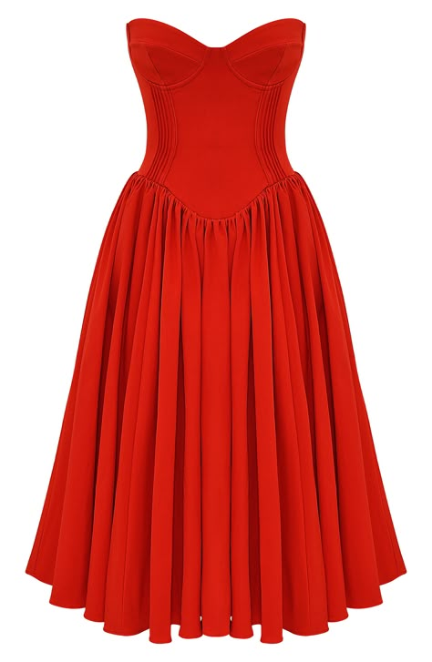 A corseted bodice creates a stunning silhouette on a fit-and-flare dress finished with a voluminous midi skirt for modern allure. Exclusive retailer Hidden back-zip closure Sweetheart neck Strapless Partially lined 65% Richcel viscose, 35% polyester Dry clean Imported Red Carpet Midi Dress, Winter Gala Dress Formal, Birthday Dress Midi, Corset Top Dresses, Corset Vintage Dress, Fit And Flare Dress Formal, Christmas Party Dress Cocktail, Princess Red Dress, 50s Housewife Dress