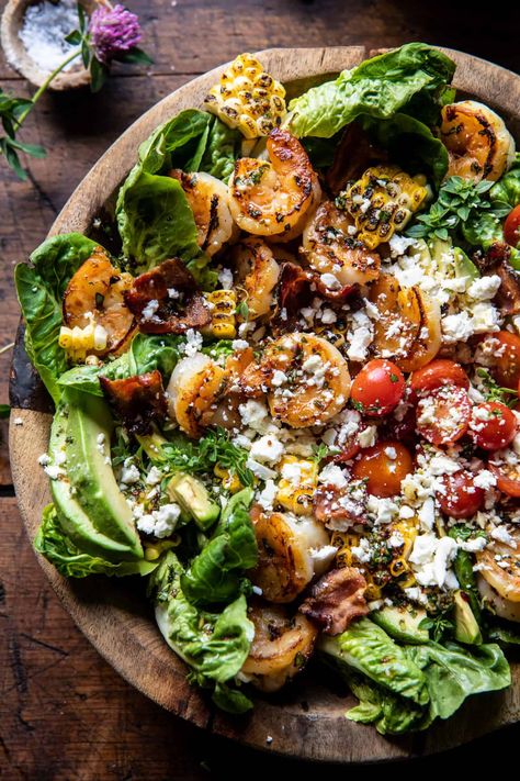 Honey Garlic Shrimp, Corn, and Avocado Bacon Salad | halfbakedharvest.com Half Baked Harvest Shrimp, Salad Station, Salad Shrimp, Shrimp Corn, Honey Garlic Shrimp, Fun Meals, Half Baked Harvest Recipes, Green Salads, Bacon Salad