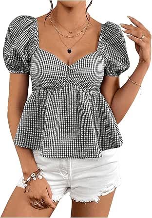 SweatyRocks Women's Sweetheart Neck Puff Sleeve Plaid Peplum Blouse Top Checkered Shirts Women, Checkered Shirt, Peplum Blouse, Tres Chic, Cute Shorts, Primavera Estate, Sweetheart Neckline, All Fashion, Summer Women