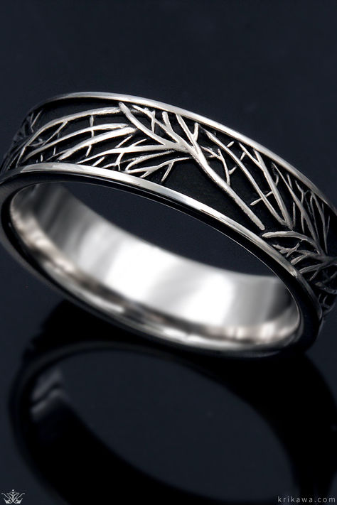 The recessed background in our original Tree of Life band has been darkened with Black Rhodium to make the branches stand out. Tree Of Life Wedding Ring, Elf Ring, Tree Of Life Wedding, Masculine Wedding, Ring Symbolism, Masculine Jewelry, Wise One, The Cruel Prince, Tree Rings