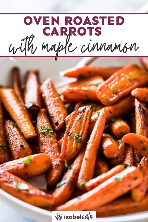 Tossed with melted butter, maple syrup, and a touch of cinnamon, these oven roasted carrots are a great side dish worthy of being served at any holiday feast. They’re fork tender and melt-in-your-mouth good! Thanksgiving Carrot Recipe, Thanksgiving Carrots, Carrots In Oven, Gluten Free Mexican Recipes, Cinnamon Carrots, Carrots Roasted, Desserts For Thanksgiving, Oven Roasted Carrots, Isabel Eats