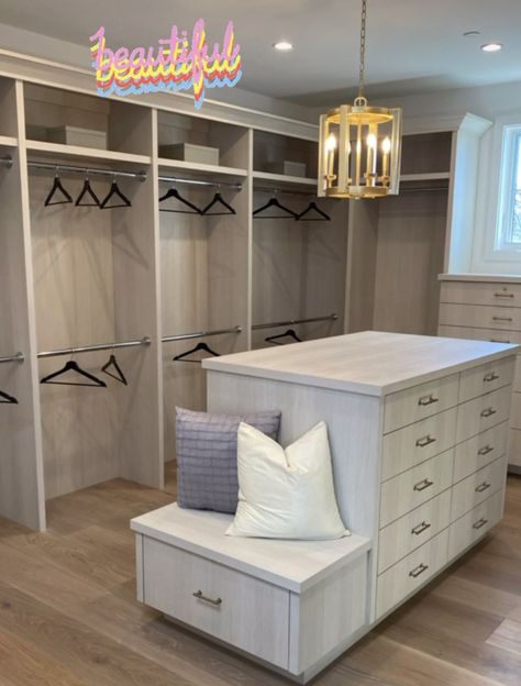 Laundry And Master Closet Combo, Huge Walk In Closet Ideas, Custom Master Closet Built Ins, Closet Designs With Island, Closet Room With Couch, Designer Walk In Closet, Walk In Closet Dresser Island, Large Closet Layout, Custom Closets With Island