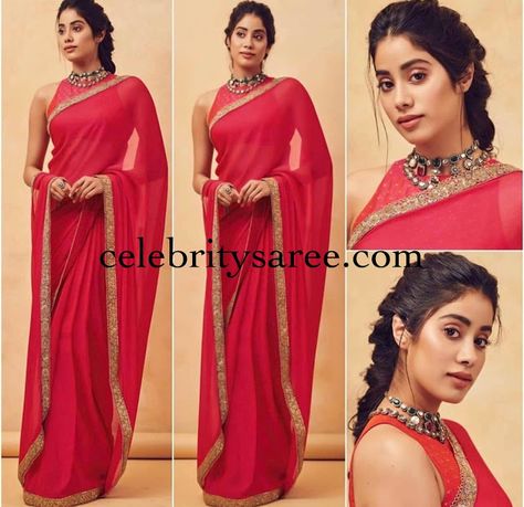 Jhanvi Kapoor Saree, Red Sarees, Jhanvi Kapoor, Sarees For Girls, Janhvi Kapoor, Indian Saree Blouses Designs, Manish Malhotra, Saree Blouse Designs Latest, Red Saree