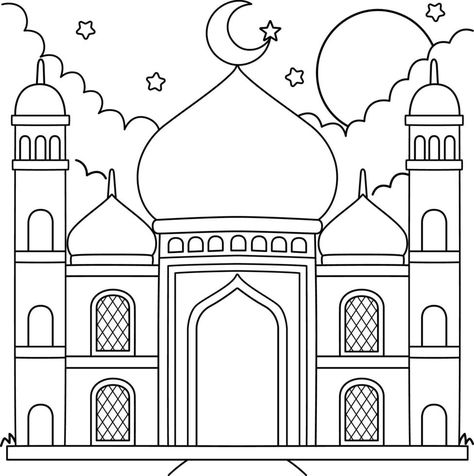 Masjid Drawing Art, Masjid Drawing, Ramadhan Art, Masjid Art, Islamic Coloring Pages, Ramadan Coloring Pages, Mosque Drawing, Diwali For Kids, Ramadan Mosque