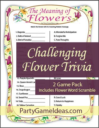 The Meaning of Flowers a printable trivia game that has guests matching flowers with their meanings. Tis party game can work for Mother's Day events, birthdays, garden clubs, flower clubs and a variety of social groups. Flowers, floral, trivia, party game Mad Libs For Adults, The Meaning Of Flowers, Meaning Of Flowers, Trivia Party, Garden Party Games, Church Games, Pen And Paper Games, Ladies Brunch, Flower Games