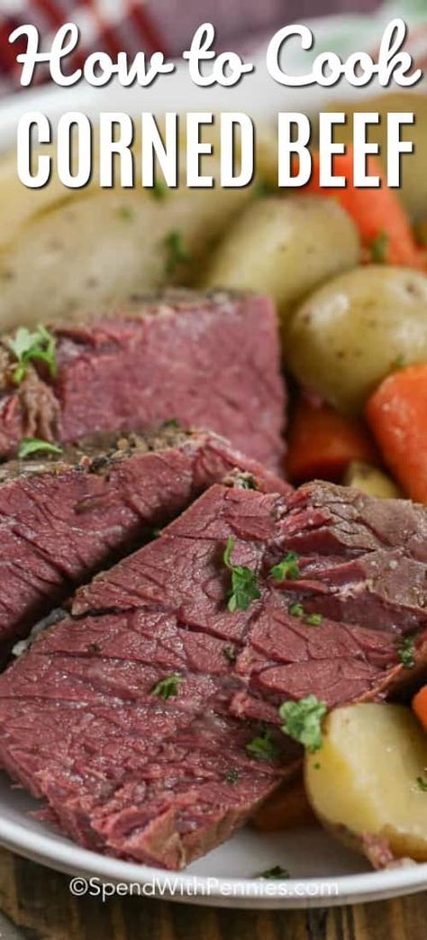 Corned beef is a delicious meal that is made extra easy by slow simmering it in a stock pot. Just add a side dish like mashed potatoes for the perfect easy dinner recipe!#spendwithpennies #cornedbeef #cornedbeefandcabbage #beef #cornedbeefrecipe #easycornedbeef Corned Beef Recipes Crock Pot, Corned Beef Recipes Slow Cooker, Corned Beef Recipe, Crock Pot Corned Beef, Slow Cooker Corned Beef, Cooking Corned Beef, Corn Beef, Corned Beef Brisket, Corned Beef Recipes