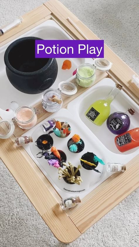 ✨SAVE✨ Fizzy Potion Play Recipe! 🧪 This potion sensory bin is so much fun and the kids loved it! The best part is you just add water and … | Instagram Love Sensory Activities, Witches Potion Sensory Bin, Potion Provocation, Witches Potion Sensory Play, Fizzy Sensory Play, Cauldron Sensory Bin, Skeleton Sensory Bin, Candy Sensory Bin, Harry Potter Sensory Bin