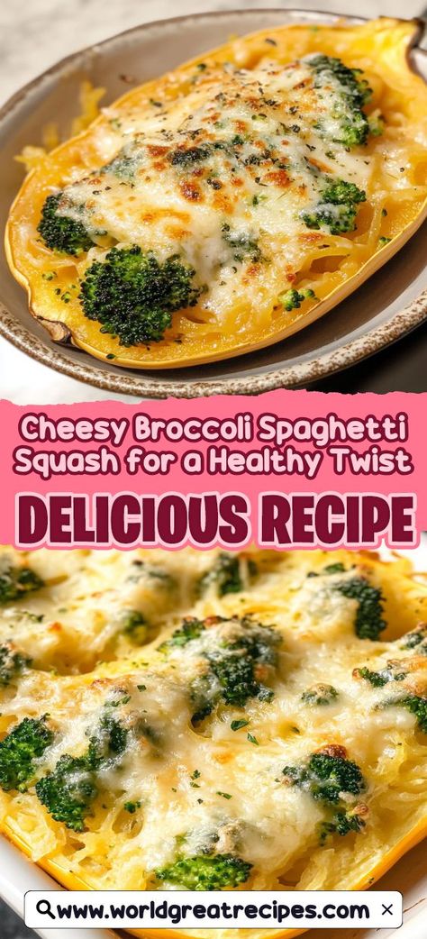 Dive into this delicious Cheesy Broccoli Spaghetti Squash recipe that transforms traditional pasta into a nutritious delight! This dish features roasted spaghetti squash strands mixed with fresh broccoli florets and a blend of melting cheeses. Perfect for a cozy family meal, this low-carb option is packed with flavor while being easy to prepare. Whether you’re looking for a vegetarian dish or a healthy alternative, this recipe has you covered. Broccoli Cheese Spaghetti Squash, Broccoli Cheddar Spaghetti Squash, Spaghetti Squash Recipes Cheesy, Spaghetti Squash Recipes With Broccoli, Fried Spaghetti Squash, Healthy Dinner Recipes Spaghetti Squash, Spaghetti Squash Recipes Healthy Clean Eating, Healthy Spaghetti Recipes Clean Eating, Spaghetti Squash Spaghetti Recipes