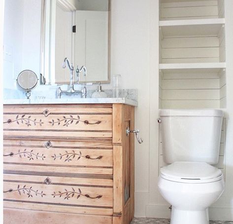 check out built-in shelves behind toilet Shelves Behind Toilet, Behind Toilet, Dresser Vanity Bathroom, Carpenter Gothic, Kids Bathrooms, Antique Dressers, Cottage Bath, About Ideas, Oak Bathroom