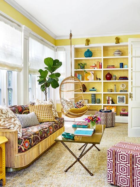 Eclectic, Yellow Sunroom Yellow Sunroom, Blue Shiplap, Brick Herringbone Floor, Red Brick Pavers, Cottage Deck, White Roman Shades, Wooden Accent Chair, Wooden Accent Table, Blue Laundry Rooms