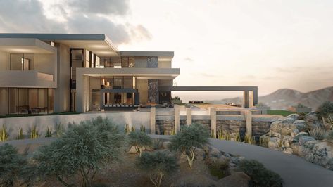 A side view of this on-the-boards residence reveals the repetitive angularity of its rooflines and overhangs silhouetted against the open sky. 🖤 Follow @drewettworks for architectural inspiration. Project Details//Tip Top Architecture: Drewett Works Builder: Schultz Development Interior design: Ownby Design Landscape design: Berghoff Design Group Location: Paradise Valley, Arizona Square Footage Details Lot size: 322,076 sq ft Total livable space: 21,600 sq ft Modern Mansion Front View, Beachy Modern House Exterior, Minimalist Mansion Exterior, Dubai Mansions Luxury Exterior, Modern Mansion Blueprints, Modern Mansion Exterior, Paradise Valley Arizona, Stone Exterior Houses, Peaks And Valleys