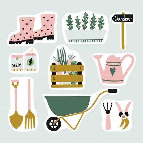 Gardening stickers set. Premium Vector | Premium Vector #Freepik #vector #card #house #summer #green Garden Stickers, Plants Vector, Fish Vector, Plant Vector, Garden Elements, Bullet Journal Stickers, Gardening Tools, Vector Clipart, Cute Sets