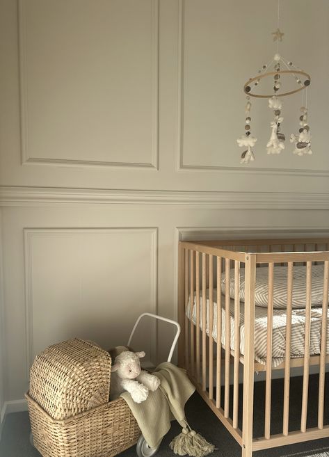 Neutral nursery inspiration Elegant Nursery Neutral, Nursery Millwork, Nursery Wood Paneling, Wainscot Nursery, Panelled Nursery, Modern Nursery Room, Nursery Inspiration Neutral, Cream Nursery, Wainscoting Nursery