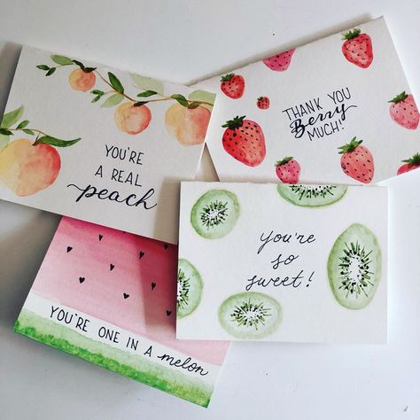 Thank you cards with a summer vibe. 🍓🍑🍉🥝 Just a sucker for a fruity pun . . . #thankyounotes #handmadecards #diy #craftyshrew #watercolour… Creative Homemade Cards, Thank You Card Watercolor Diy, Cute Diy Thank You Cards, Watercolour Painting Cards, Thank You Gifts Diy, Thank You Note Ideas, Just Because Cards Diy, Thank You Diy Cards, Watercolour Thank You Cards