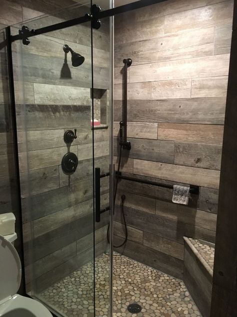 Walk In Shower Ideas Wood Tiles, Shower With Wood Look Tile, Rustic Shower Ideas Bathroom Farmhouse, Rustic Tile Shower Ideas, Walking Shower, Wood Tile Shower, Rustic Modern Bathroom, Rustic Bathroom Shower, Remodeling House