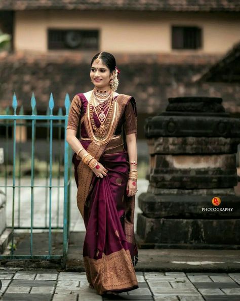 Maroon Bridal Saree South Indian, Maroon Bridal Saree, Wedding Saree Indian Bride, Hindu Wedding Saree, Muhurtham Saree, Dangal Movie, Marriage Outfit, Wedding Matching Outfits, Indian Bride Saree