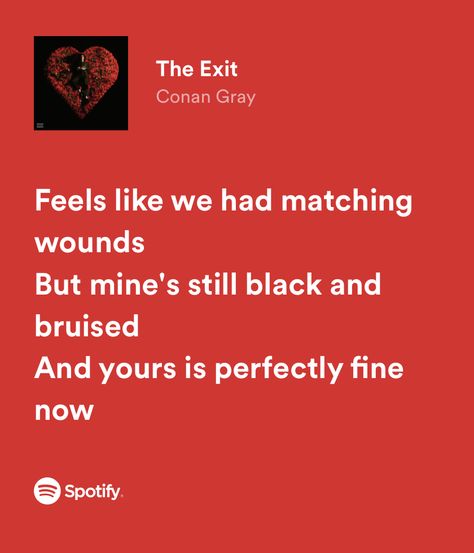 “feel like we had matching wounds but mine’s still black and bruised and yours is perfectly fine now” It Feels Like We Have Matching Wounds, Conan Gray The Exit Lyrics, Conan Gray The Exit, The Exit Conan Gray, Matching Lyrics, Black Lyrics, Matching Quotes, Relatable Lyrics, Meaningful Lyrics