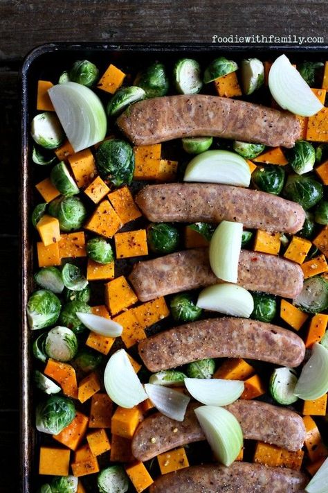 One pan for a whole meal! Roasted Brussels Sprouts, Butternut Squash, and Sweet Italian Sausage on a sheet pan from foodiewithfamily.com Sausage Sheet Pan Meal, Sausage Sheet Pan, Roasted Fall Vegetables, Sheet Pan Suppers, Fall Vegetables, Roasted Brussels Sprouts, Sweet Italian Sausage, Kielbasa, Paleo Dinner