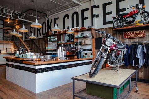 The Coolest Motorcycle Coffee Shops Across the Country | Travel Channel Brat Motorcycle, Motorcycle Workshop, Motorcycle Store, Motorcycle Shop, Motorcycle Garage, Garage Cafe, Burger Bar, Coffee Shop Design, Vintage Motorcycle