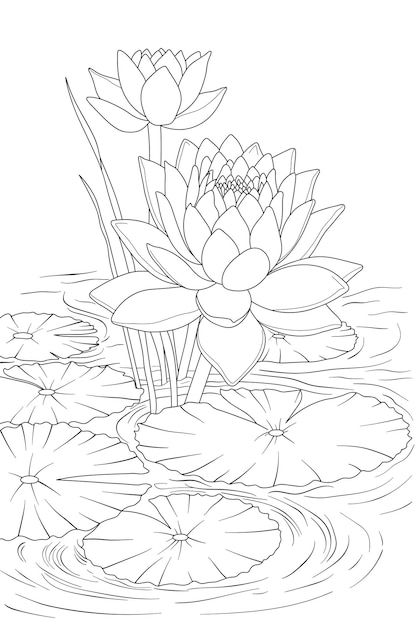 Vector water lily flower coloring page f... | Premium Vector #Freepik #vector Water Lily Line Drawing, Water Lily Flower, Coloring Page For Adults, Koi Art, About Water, Flower Coloring Pages, Card Banner, Water Lily, Lily Flower