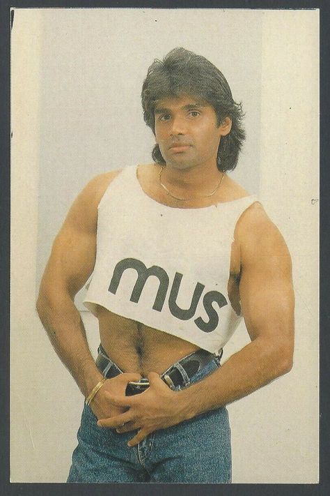 #sunielshetty #BollywoodFlashback #rare #postcard #muvyz #muvyz120720 @SunielVShetty Retro Outfits 80s Style Men, 80s Style Men, Bollywood Retro Look, Retro Outfits 80s Style, Sunil Shetty, Suniel Shetty, Crop Top Men, Boys In Crop Tops, Male Crop Top