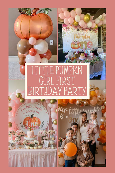 A sweet "Little Pumpkin Girl First Birthday Party" setup with pink, gold, and orange balloon garlands, a pumpkin-shaped balloon, and a backdrop that reads "Our Little Pumpkin is Turning One." A beautifully decorated dessert table with a pink pumpkin smash cake and floral arrangements. A family poses in front of a pumpkin-themed balloon arch, perfect for fall first birthday celebration. "Our Little Pumpkin is Turning One" party captures the autumn season with adorable pumpkin and pink details. 1st Birthday Party Ideas Fall, Fall 1st Birthday Boy, Fall 1st Birthday Girl Themes, Fall Theme First Birthday, Fall First Birthday Boy, First Birthday Fall Theme, Fall First Birthday Girl, Pumpkin 1st Birthday Girl, Pumpkin Themed First Birthday