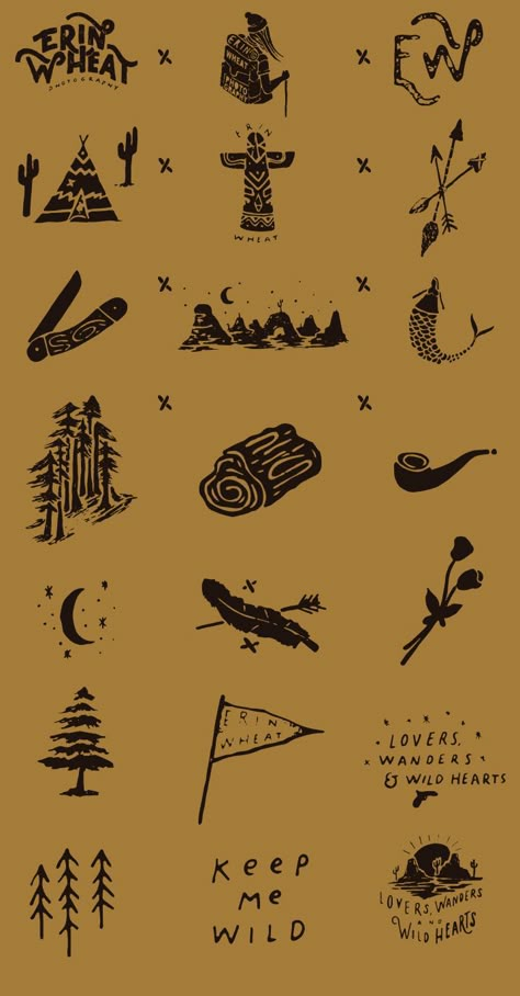 Love the lettering and these hand drawn icons to supplement the brand - Nicolás Crespo 1924us Tattoo, 1924us Illustration, Brand Icons Design, Brand Design Elements, Hunting Graphic Design, Sun Design Graphics, Rustic Graphic Design, Rustic Illustration, Outdoor Illustration