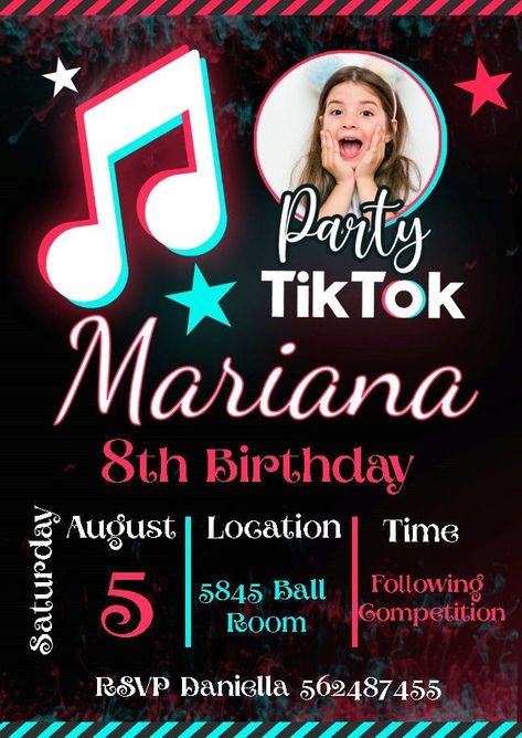 Music Party Invitations, Musical Birthday Party, Neon Party Invitations, Tiktok Party, Party Tiktok, Editable Birthday Cards, Birthday Party Invitations Free, Sleepover Invitations, 13th Birthday Invitations