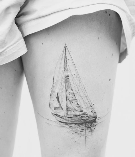 Sailing Boat Thigh Tattoo Sailing Tattoo, Sailboat Tattoo, Boat Tattoo, Nautical Tattoo, Ship Tattoo, Music Tattoos, Custom Tattoo Design, Sailing Boat, White Tattoo