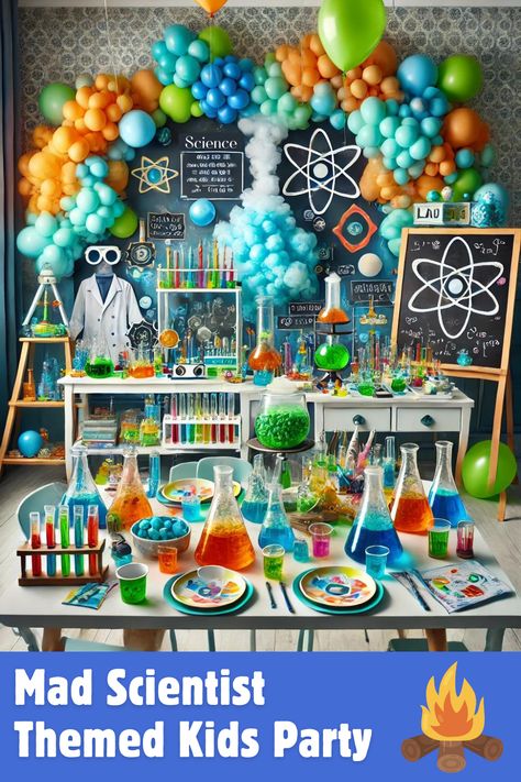 A colourful Mad Scientist-themed kids' party setup, with laboratory beakers filled with colourful 'chemicals,' bubbling test tubes, and scientific decor elements like chalkboards and periodic table posters, inspiring curiosity and fun experiments. Scientific Birthday Party, Scientist Themed Birthday Party, Science Fair Decoration, Mad Scientist Trunk Or Treat, Science Day Decorations, Scientist Party Decorations, Mad Scientist Party Ideas, Science Lab Party, Wacky Science