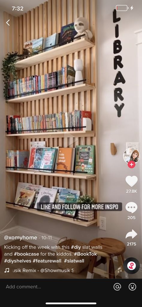 Slatted Shelves, Inside House, Corner Bookshelves, Wood Slat Wall, Room Book, Wall Bookshelves, Blue Room, Corner Wall, Nursery Baby Room