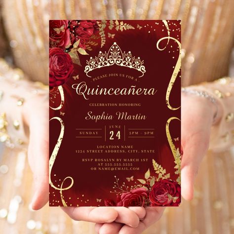 More Pretty Red Quinceanera Party Invitations in the Little Bayleigh Store! Red Xv Invitations, Dark Red Quince Invitations, Burgundy Quinceanera Invitations, Red Quince Invitations, Red Invitation Card, Red And Gold Quinceanera Decorations, Dark Red Quinceanera Dresses, Red And Gold Quince, Red Quinceanera Ideas