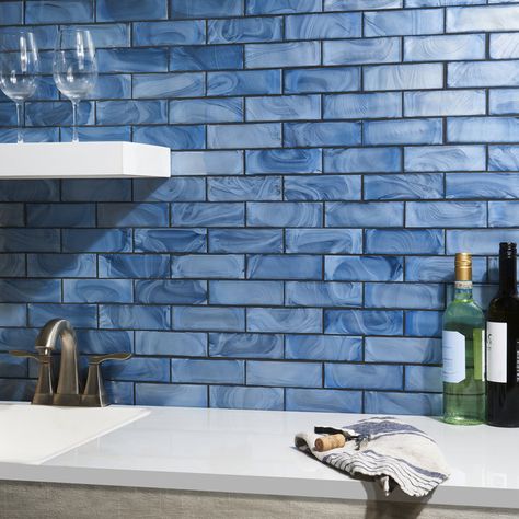 Ivy Hill Tile Glamor Iridescent 11.81" x 11.81" Subway Tile Look Glass Mosaic Wall Tile | Wayfair Blue Tile Backsplash Kitchen, Blue Shower Tile, Blue Glass Tile, Turquoise Tile, Stove Backsplash, Blue Backsplash, Indoor Tile, Mosaic Wall Tiles, Hexagonal Mosaic