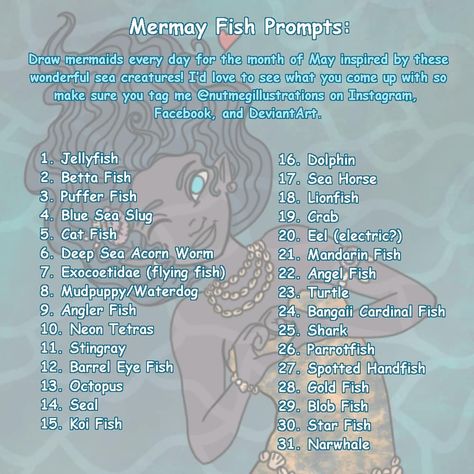 Mermaid Oc Challenge, Mermay Prompt, Mermay Art, 30 Day Art Challenge, Drawing Challenges, Prompt List, Art Challenges, Art Style Challenge, Art Journal Prompts