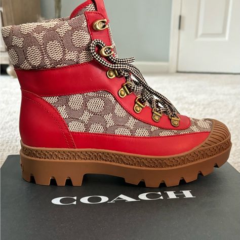 Coach Talia Jacquard Suede Winter Boots - Never Worn - Brand New - Still Has Stuffing Inside The Shoes Beautiful Red & Signature Print. Will Ship Quickly Smoke Free Home Coach Winter Boots, Nice Boots, Hello Lover, Shoes Outfit Fashion, Red Flats, Shoes Outfit, Fresh Shoes, Boot Print, Fashion Heels