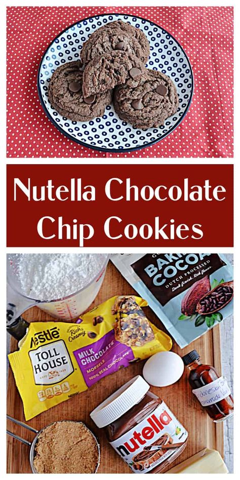 Up your cookie game with these rich and chewy Nutella Chocolate Chip Cookies. #cookies #nutella #chocolate | Chocolate Recipes | Nutella Recipes | Cookie Recipes Chocolate Nutella Cookies, Recipes Nutella, Nutella Cookies Recipe, Nutella Chocolate Chip Cookies, Soft Chewy Cookies, Nutella Cookies, Chocolate Hazelnut Spread, Chocolate Nutella, Nutella Recipes