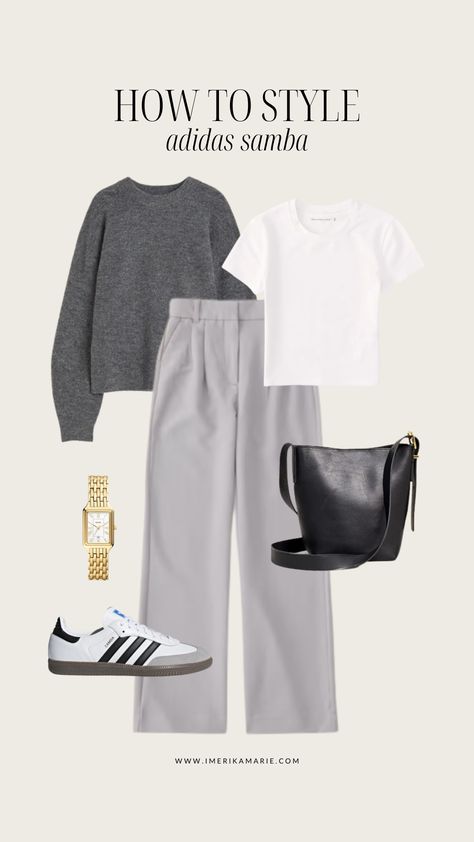 Off White Brand Outfit, Pants With Sneakers Outfit, Grey Pants Outfit Casual, Grey Shirt Outfit, Trousers With Sneakers, Casual Sunday Outfit, Erika Marie, Samba Sneakers, Bags For School