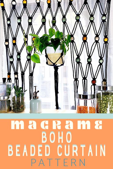 Macrame Boho Beaded Hanging Curtain – Crafty Lumberjacks Fun Curtain Ideas, Macrame Beads Wall Hanging, Macrame Window Curtain Diy, Macrame With Beads Wall Hangings, Macrame Curtain Diy, Curtains Doorway, Boho Window Decor, Window Macrame, Boho Kitchen Curtains