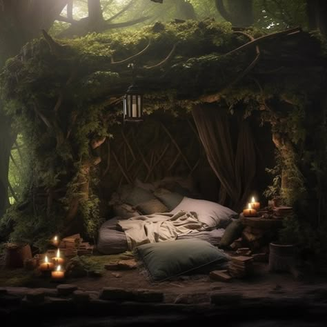 Nature Waiting Rooms For Shifting, Fantasy Bedroom Nature, Druid Room Aesthetic, Nest Bed Human, Cave Room Aesthetic, Midevil Room Aesthetic, Dark Forest Room, Overgrown Bedroom, Forest House Bedroom