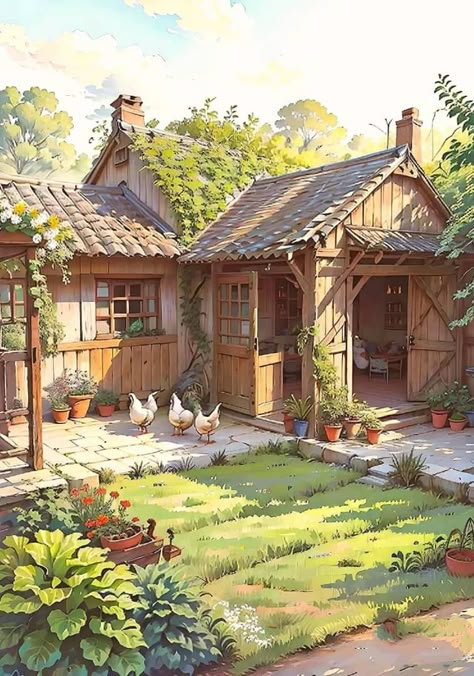 Farmhouse Concept Art, Fantasy Cottage Concept Art, Farm Concept Art, Anime Cottage, Japanese Farm, House Concept Art, Art Buildings, Illusion Photos, Fantasy Cottage