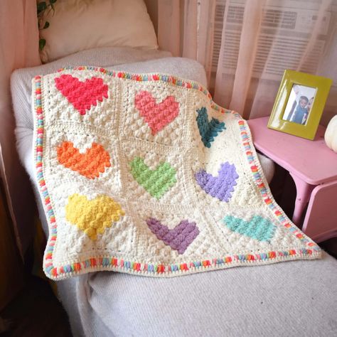 Hearts C2C Crochet Baby Blanket | Free Crochet Along & Pattern - Stardust Gold Crochet Crochet C2c Pattern Free, C2c Stitches, Crochet Along, Baby Blanket Free Crochet Pattern, Crochet Corner To Corner, Beginner Crochet Blanket, Crochet Kids Blanket, Crochet Blanket Border, Crochet C2c Pattern